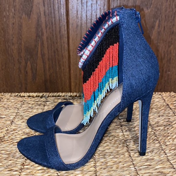 ALDO Back Zip Franssie Beaded Denim Fringe- 4.5” Stiletto Heels-Women’s size 7 - Picture 5 of 12